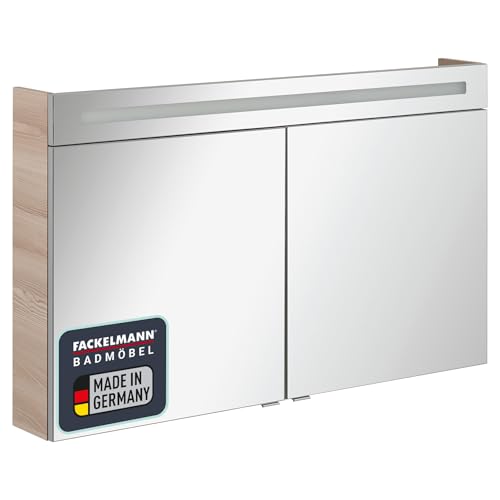 FACKELMANN B.Clever LED-Spiegelschrank – 120 x 71 x 16 cm, Modernes Design in Braun hell mit LED-Beleuchtung, 2 Türen mit Innenspiegel und Soft-Close-System – Made in Germany