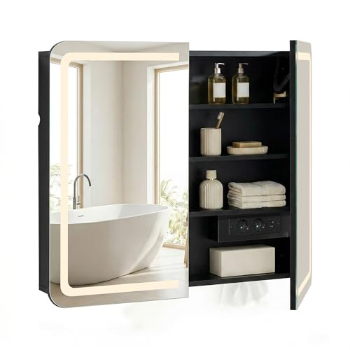 CLIPOP Spiegelschrank Bad mit Beleuchtung,Badezimmer spiegelschrank mit Spiegel und Steckdose, Entfogging-Funktion, badezimmerschrank mit 2 Türen, 80cm Breite,Öffnung für Taschentuchboxen,Schwarz