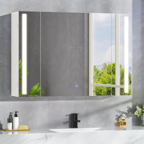 FORABAMB Badezimmer Spiegelschrank 80 cm mit Beleuchtung, Steckdose,3 Türen