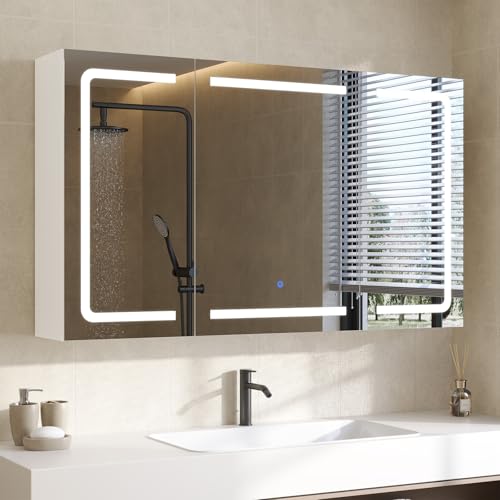 DICTAC Spiegelschrank Bad mit Beleuchtung und Steckdose Badezimmerschrank mit Spiegel und Verstellbares Regal,Badezimmer Spiegelschrank mit 3 Türen,Wandschrank,Hängeschrank,Badspiegel,100x60x16cm,Weiß