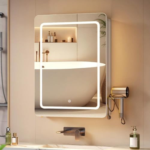 Hzuaneri Spiegelschrank Bad mit Beleuchtung, Badezimmer Spiegelschrank, 3 Farbtemperatur Dimmbare, Badezimmerschrank mit Spiegel und Verstellbarem Regal, 16,5 x 50 x 70 cm Weiß MC30103XEU