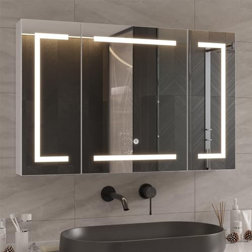 DICTAC Spiegelschrank Bad mit LED Beleuchtung und Steckdose 100x60x13.5 cm Metall Bad Spiegelschrank mit licht Badschrank mit Spiegel und Regale,3 Farbtemperatur dimmbare,Berührung Sensorschalter,Weiß