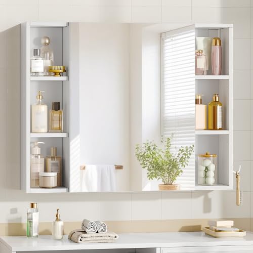 Hzuaneri Spiegelschrank, Badezimmer Spiegelschrank, Wandschrank, Hängeschrank mit Spiegeltüren und offenem Fach, Verstellbare Ablage, Flexibel Montierbar 16,5 x 80 x 65 cm, Weiß, MC23303X