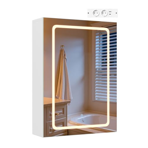 EUGAD Spiegelschrank mit 1 Spiegeltür, für kleine Wohnungen, 3 einstellbare Farbtemperaturen, mit verstellbaren Einlegeböden und Steckdosen, modern, Weiß, 50 x 70 x 14,5 cm