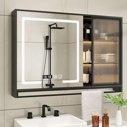 GWFBLID Spiegelschrank Spiegelschrank Bad mit Beleuchtung und Steckdosen Offenes Ablagen Badezimmer Spiegelschranks mit Berührung Sensorschalter Badezimmerspiegel 1 Türen Badezimmer spiegelschrank