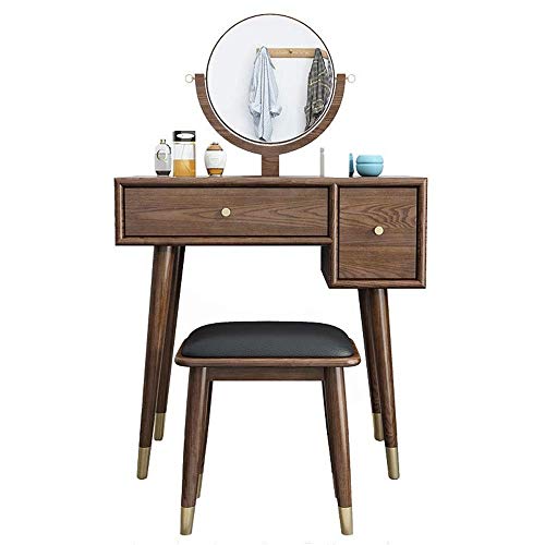 TONGSH Vanity Set mit runden Spiegel, Holz Make-up Eitelkeit Frisierkommode Dresser Schreibtisch mit 2 Schubladen und Cushioned Hocker for Schlafzimmer