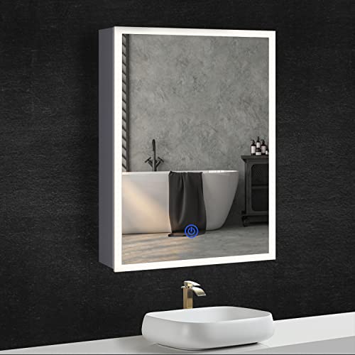 DICTAC 50x72x13.5cm Spiegelschrank Bad mit Beleuchtung LED(Schmale Ringlicht,Blockiert Nicht die Sicht)+Steckdose, Smart-Touch-Steuerung,3-Farben(3000-6500K), IP44, Badschrank mit Spiegel,Weiß