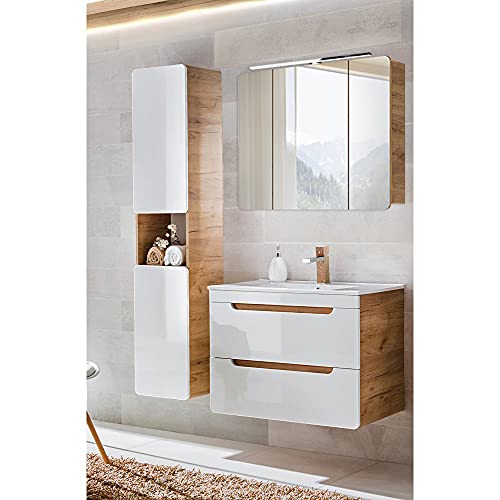 Lomadox Badezimmer Badmöbel Set, Hochglanz weiß mit Wotan Eiche Nb., Waschtischunterschrank mit 81 cm Keramik-Waschbecken, LED-Spiegelschrank, Hochschrank
