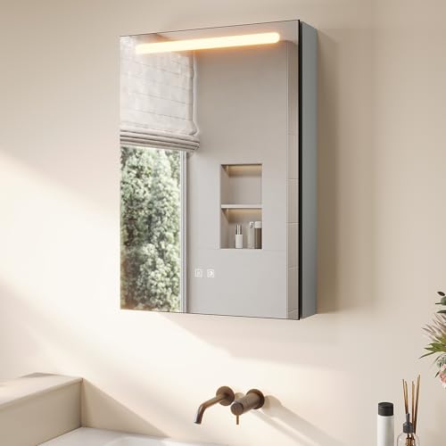 SONNI LED Spiegelschrank mit Make-up Ablage, Anti-Beschlag, Steckdose & Kosmetik-Organizer, 3 Lichtfarben, Dimmbar - Grau 48.5x70cm, Vollständig Montiert