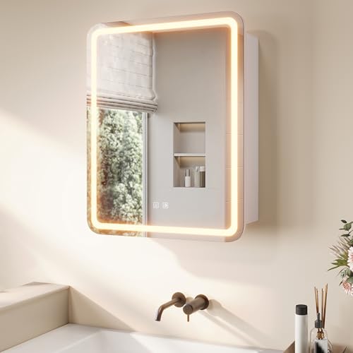 SONNI Spiegelschrank mit Beleuchtung 70x 55 cm, LED Spiegelschrank mit Taschentuch-Durchlass, Steckdose, Anti-Beschlag & 3 Lichtfarben, Dimmbar - Holzschrank Beige, Vollständig Montiert