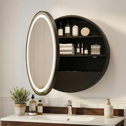 Spiegelschrank Bad mit Beleuchtung und Antibeschlag Funktion Hängender Badezimmer Spiegelschrank mit Steckdose und Mit 10-fachen Vergrößerungsglas,60x60x15 cm Schwarz (Keine Montage erforderlich)