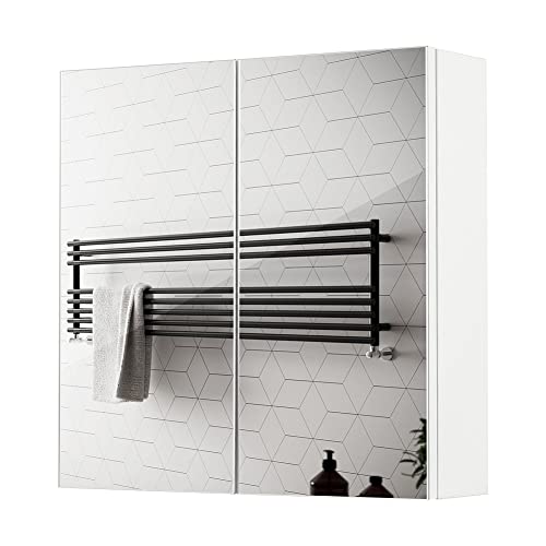 Meerveil Spiegelschrank, Badezimmerspiegel mit 2 Türen 2 Einlegeböden Holz Moderner Stil, 45 x 13 x 45 cm Weiß, F1015BC11WT, Weiß - Rechter