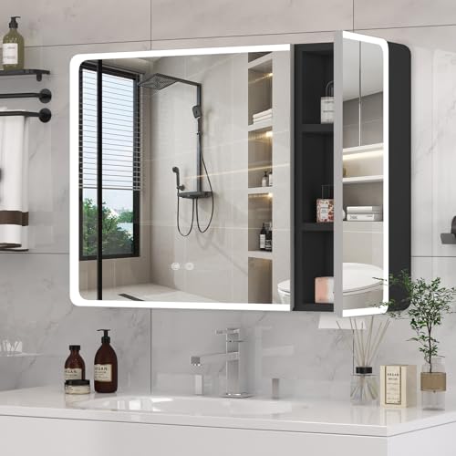 Dradaomull Spiegelschrank mit Beleuchtung, 80x70cm, Badspiegelschrank, Stauraum, dimmbare LED-Leuchten, einstellbare Helligkeit, Demist-Funktion, Badezimmermöbel, Wandspiegel- schwarz