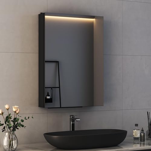 Hopibath Spiegelschrank Bad 40x60cm Spiegelschrank Schwarz mit Innenspiegel Metall Badezimmerschrank mit Spiegel + Verstellbare Glasablage