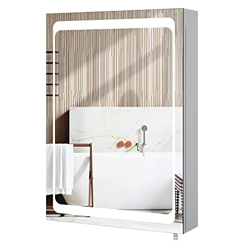 FOREHILL LED Spiegelschrank mit Beleuchtung und lichtschalter, badezimmerschrank mit Spiegel, Hängeschrank Edelstahl, für Badezimmer 50x13x72cm