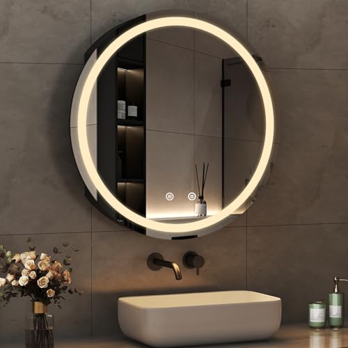 Boromal Spiegelschrank Rund mit Beleuchtung Badezimmer Spiegelschrank Bad mit Beleuchtung Schwarz Metall LED Badezimmerschrank Rund mit Stecker + Dimmbar + Beschlagfrei + Ablage (80 x 80 x 13 cm)
