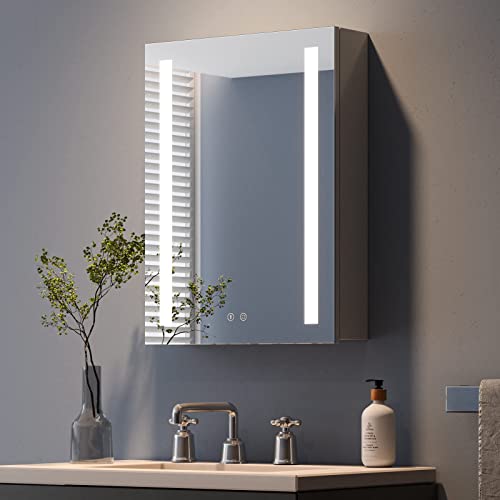 Dripex Spiegelschrank Bad mit Beleuchtung, Glasablage und Steckdose, Badezimmerschrank mit Spiegel, 3 Lichtfarbe Einstellbar, Dimmbar, Linkstürige Spiegelschrank, Beschlagfrei 45 x 60 cm Grau
