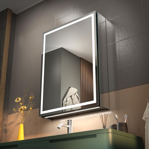 GANPE LED Beleuchtetes Badezimmer Medizin Spiegel Kabinett mit Einzeltür, Defog, Stufenloses Dimmen, Speicher 3-Farben Modus, Speicher Regale, Steckdosen & USBs (50 x 70 cm)