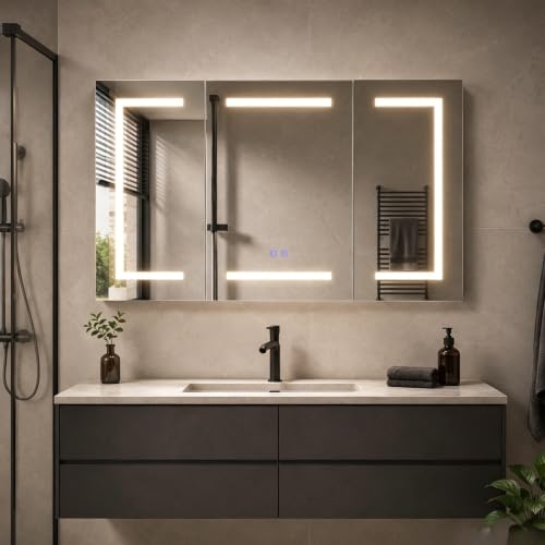 Spiegelschrank Bad mit LED-Beleuchtung 3 Glastüren, 100x13,5x60cm Badezimmer Spiegelschrank Antibeschlag mit Steckdose, Hängeschrank 3 Farbtemperatur Dimmbare Verstellbare Regale (3 Türen 9 Fächer)