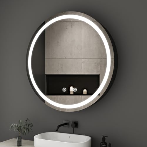 Boromal Spiegelschrank Rund mit Beleuchtung Schwarz Spiegelschrank Bad mit Beleuchtung Metall LED Badezimmerschrank mit Dimmbar + Beschlagfrei + Stecker + Ablage (80 x 80 cm)