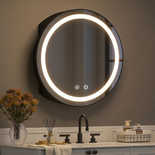 Mepplzian 60 cm Spiegelschrank Rund Bad mit Beleuchtung, Round Mirror Cabinet, Schwarzer Metallrahmen-Runder Schrank für Badezimmer, Nur Wandmontage, beschlagfrei, 3000 K-6500 K Farbtemperatur