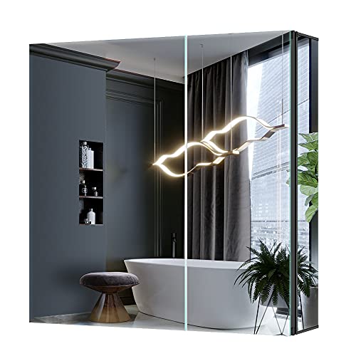 Tokvon® Morpho Badezimmer Spiegelschrank Wandschrank mit Spiegel Medizinschrank Schwarz Aluminium Badschrank Doppel-türig 80 x 70 cm