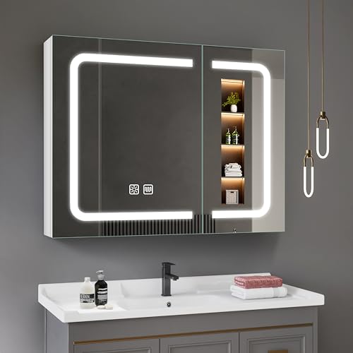 STARLEAD Spiegelschrank-Bad-mit-Beleuchtung 60X80 cm, Spiegelschrank-mit-Beleuchtung und Steckdose, Entfoggen, Dimmbar, 3 Lichtfarben, LED-Badspiegelschrank mit Verstellbare Ablage, HD Hartglas, Weiß