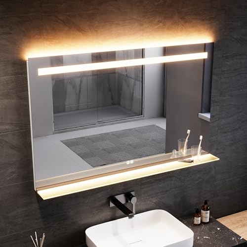 SONNI LED Badspiegel mit Ablage 120x75 cm, Touch Badezimmerspiegel mit Steckdose, 3 Lichtfarben, Anti-Beschlag & Gedächtnisfunktion