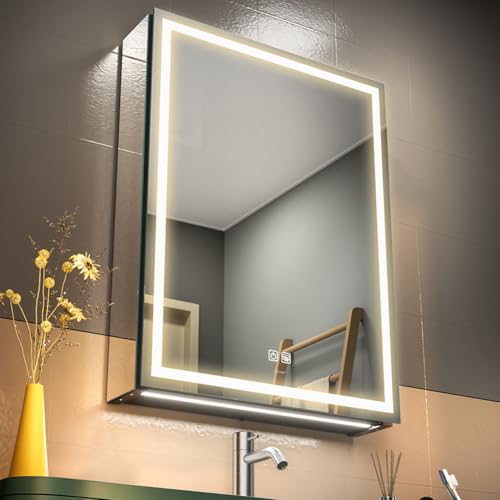 GANPE LED Beleuchtetes Badezimmer Medizin Spiegel Schrank, Defog, Stufenloses Dimmen, Speicher 3-Farben Modus, Speicher Regale, Steckdosen & USBs (Rechtes Scharnier, 50 x 70 cm)