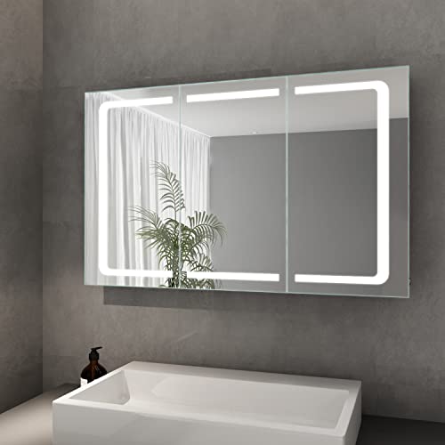 Elegant Bad Spiegelschrank mit Beleuchtung LED Licht Badezimmer Spiegelschrank Bad Hängeschrank mit Steckdose und Kippschalter 3 türig Badezimmerschrank 105 x 65 cm