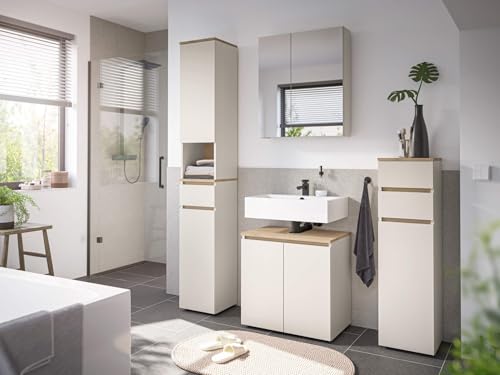 moebel-dich-auf Badezimmer Badmöbel -Set Londres Kaschmir Hochschrank Spiegelschrank Wbu Kommode Set 1