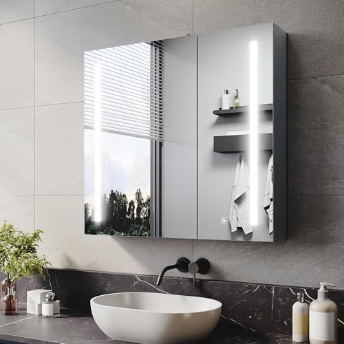 SUNXURY Spiegelschrank mit Beleuchtung Metall LED Badezimmerschrank mit Dimmbar+Steckdose+Vergrößerungslupe+Verstellbare Glasablage Grau (70x65x13,3cm)