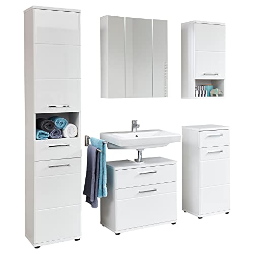 trendteam smart living - Monte - Badkombination - Weiß Hochglanz - Hochschrank, Spiegelschrank, Waschbeckenunterschrank, Hängeschrank, Standschrank - (BxHxT) 164 x 189 x 38 cm - Viel Stauraum