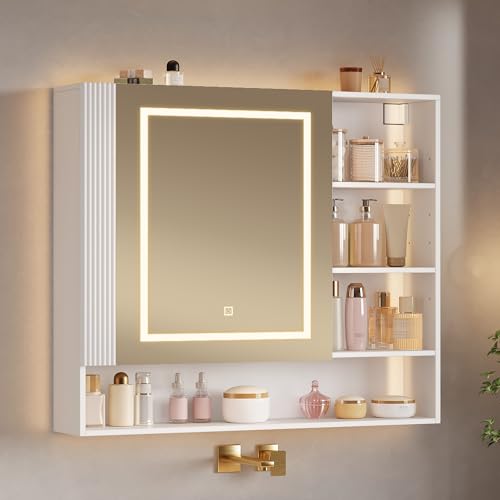 Hzuaneri Spiegelschrank Bad mit LED-Beleuchtung & Steckdose, Badezimmer Spiegelschrank, 3 Farbtemperatur dimmbare, Verstellbare Regale, Badezimmerschrank mit Spiegel,17,5 x 80 x 75 cm Weiß MC02103XEU