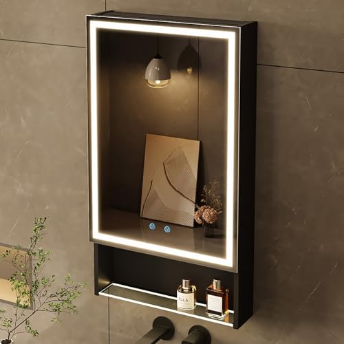 MIRROLIA spiegelschrank Bad mit Beleuchtung 50×88×13 cm, 3-Farben Modus, Speicher Regale, Entfogging-Funktion, Steckdose und USB, Verstellbarer Speicher, Aluminium (50 × 88 cm)