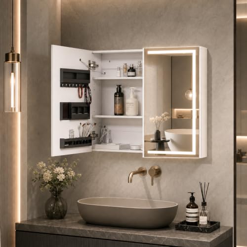Thanaddo Spiegelschrank Bad mit Beleuchtung, Badezimmerschrank mit LED Speigel und Verstellbarem Regal, 70x60x15cm Doppeltür HD-Spiegel Badschrank mit Ablage, Hängeschrank, Weiß
