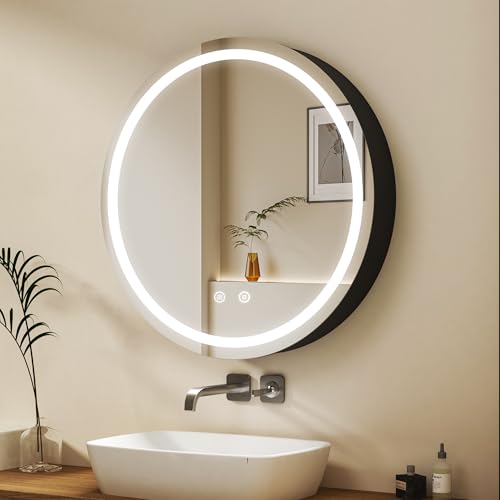 WDWRITTI Rundes Spiegelschrank 80x80cm mit Beleuchtung Spiegel, LED Beleuchtung Badschrank mit 3 Farbtemperaturen, Medizinschrank Badezimmerschrank mit Touch, Beschlagfrei und Ablagen