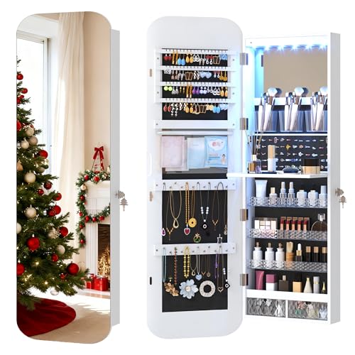 Vlsrka LED Ovaler Schmuckschrank Hängend, Türspiegel/Wandspiegel Schmuckschränk, Schmuckschrank mit Spiegel und Beleuchtung, Schmuckspielgelschrank Holz Abschließbarer, Gewölbter Spiegelschrank, Weiß