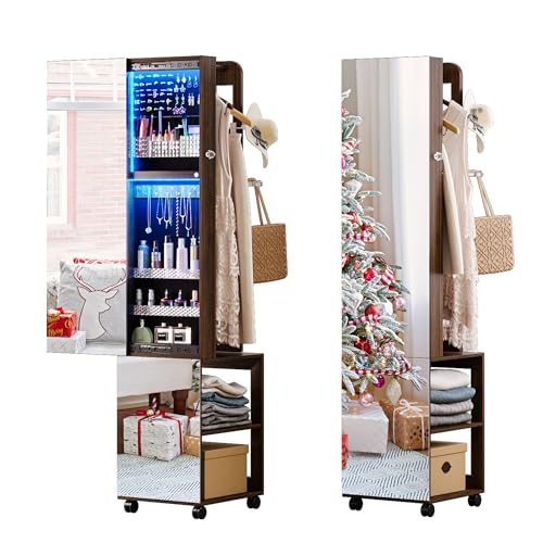Gurexl Schmuckschrank mit Beweglicher Ganzkörperspiegel,360° Drehbarer Schmuck Spiegelschrank mit 6 LEDs,Stehendstehender Schmuck-Organizer mit 1 Kleiderständer und 3 Stufige Ablageflächen,Holz Braun