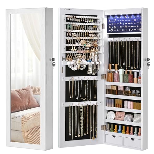 SONGMICS Schmuckschrank hängend, Wandspiegel, 6 LED-Glühbirnen, abschließbarer Spiegelschrank, Wandschrank, Wandmontage, an der Tür hängend, weihnachten, weiß mit Holzmaserung JBC93W