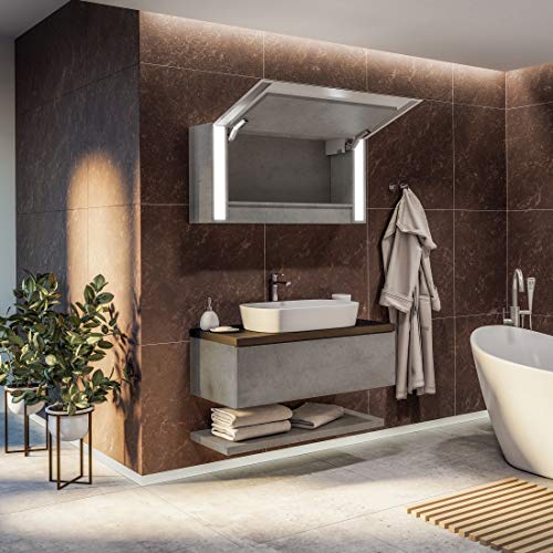 Artforma Spiegelschrank mit LED Beleuchtung 1-Türig | 17 Dekore zur Auswahl | (100 x 50 x 24 cm) Anpassen Badschrank | Beleuchtet Badezimmerschrank | LED Farbe zu Wählen | Lautsprecher Bluetooth