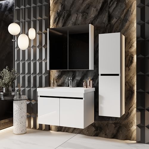 KAREN banyo Badmöbel Set Venus 80 Weiß | Keramikwaschbecken | Unterschrank | Spiegelschrank | Softclose-Türen & unsichtbare Griffe | Futuristischer Stil | Badezimmermöbel Waschtischunterschrank
