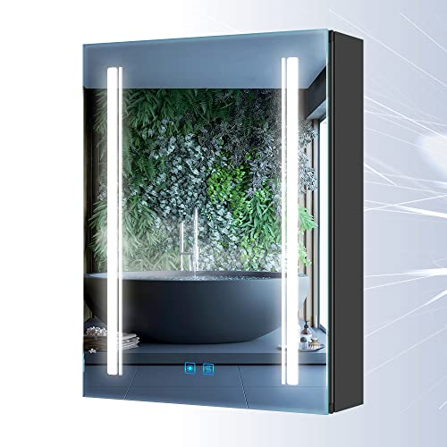 Tokvon® Rivulet Bad Spiegelschrank Schwarz LED Badezimmer Spiegelschrank Wandschrank Badschrank mit Spiegel Rasierer-Steckdose Touch-Schalter Anti-beschlag 3-farbig LED 50x70cm