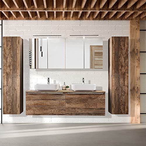 Lomadox Badezimmermöbel Komplett Set in Vintage Oak Eiche, 160cm Doppel-Waschtisch mit Unterschrank, 2 Keramik-Waschbecken, 2 LED-Spiegelschränke, 2 Hochschränke