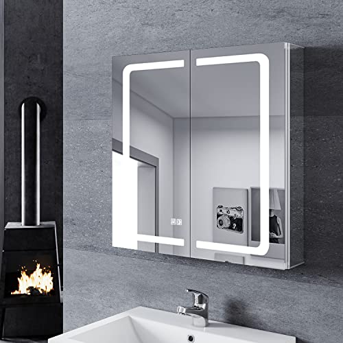 SONNI Spiegelschrank Bad mit Beleuchtung 65 cm breit doppeltürig Aluminium beschlagfrei Badezimmer spiegelschrank mit Steckdose, Touch Schalter, verstellbaren Regalen, Kabelloses Scharnier Design
