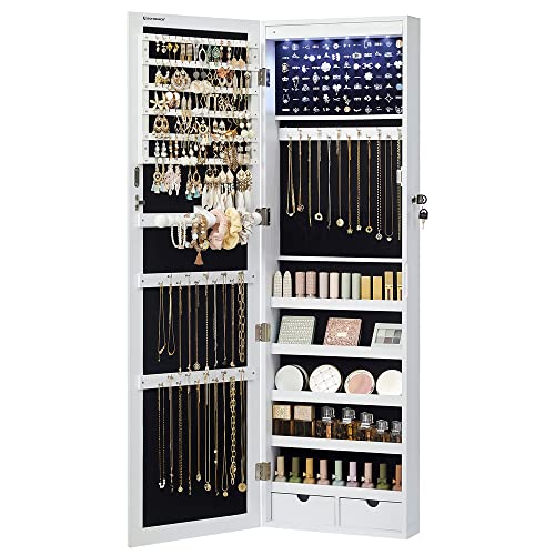 SONGMICS Schmuckschrank hängend, Wandspiegel, 6 LED-Glühbirnen, abschließbarer Spiegelschrank, Wandschrank, Wandmontage, an der Tür hängend, weihnachten, weiß mit Holzmaserung JBC93W