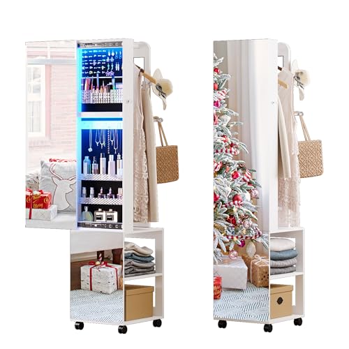 Gurexl Schmuckschrank mit Beweglicher Ganzkörperspiegel,360° Drehbarer Schmuck Spiegelschrank mit 6 LEDs,Stehendstehender Schmuck-Organizer mit 1 Kleiderständer und 3 Stufige Ablageflächen,Weiß