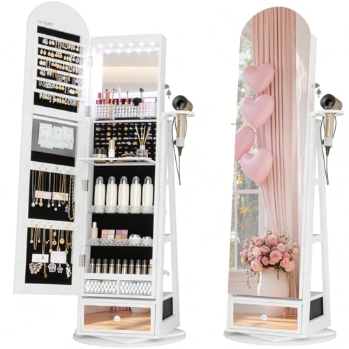 LVSOMT LED Bogen Schmuckschrank mit Spiegel, 360° Drehbar Standspiegel mit Schmuckschränke, Abschließbar Schmuckspiegelschrank mit Beleuchtung, Schmuckschrank Stehend Holz mit 3 Stufiges Regal, Weiß