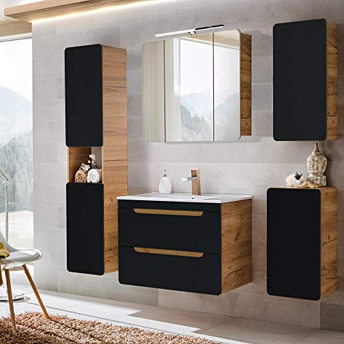 Badezimmermöbel Komplett Set mit Keramik-Waschbecken mit 80 cm Waschtisch-Unterschrank, seidenmatt antrhazit mit Wotan Eiche Nb., Hochschrank, Hängeschrank, Unterschrank und LED-Spiegelschrank