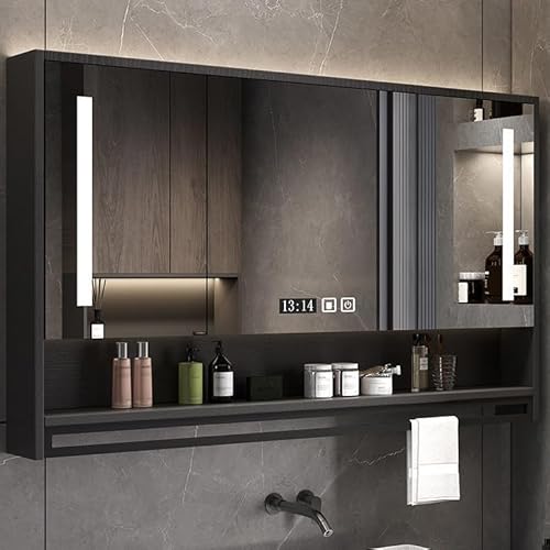 130/140/150Cm Intelligenter Badezimmerspiegelschrank(Zeit-/Temperaturanzeige) –Antibeschlagfunktion Mit Einem Tastendruck, Medizinschrank Mit Spiegel Für Badezimmeraufbewahrung,140x80x12cm-Black